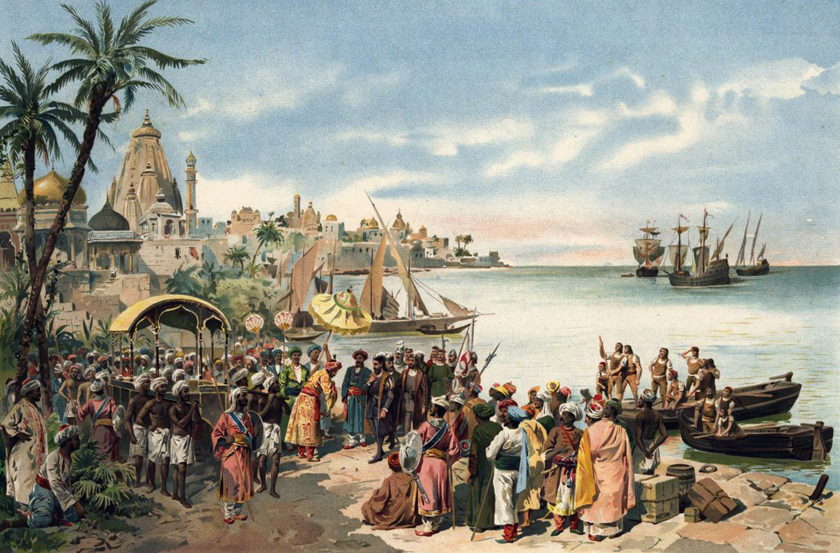Recibimiento a Vasco da Gama en Calcuta en el siglo XV. El mar con navíos portugueses al fondo y una comitiva de Calcuta recibiendo a navegantes portugueses.